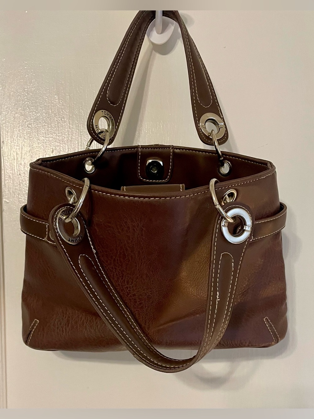 Vintage Y2K Tommy Hilfiger Chocolate Brown Pebbled Leather Satchel Handbag Purse